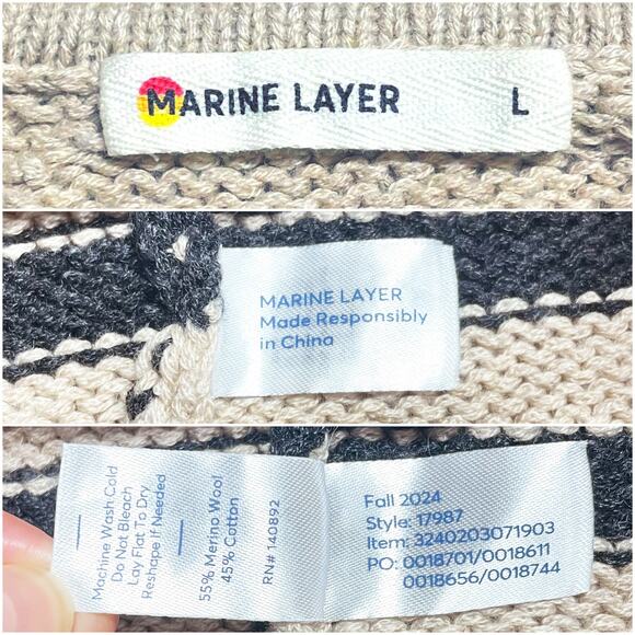 MARINE LAYER Claire Relaxed Sweater Polo in Neutral Stripe Merino Blend Size L - Picture 9 of 9